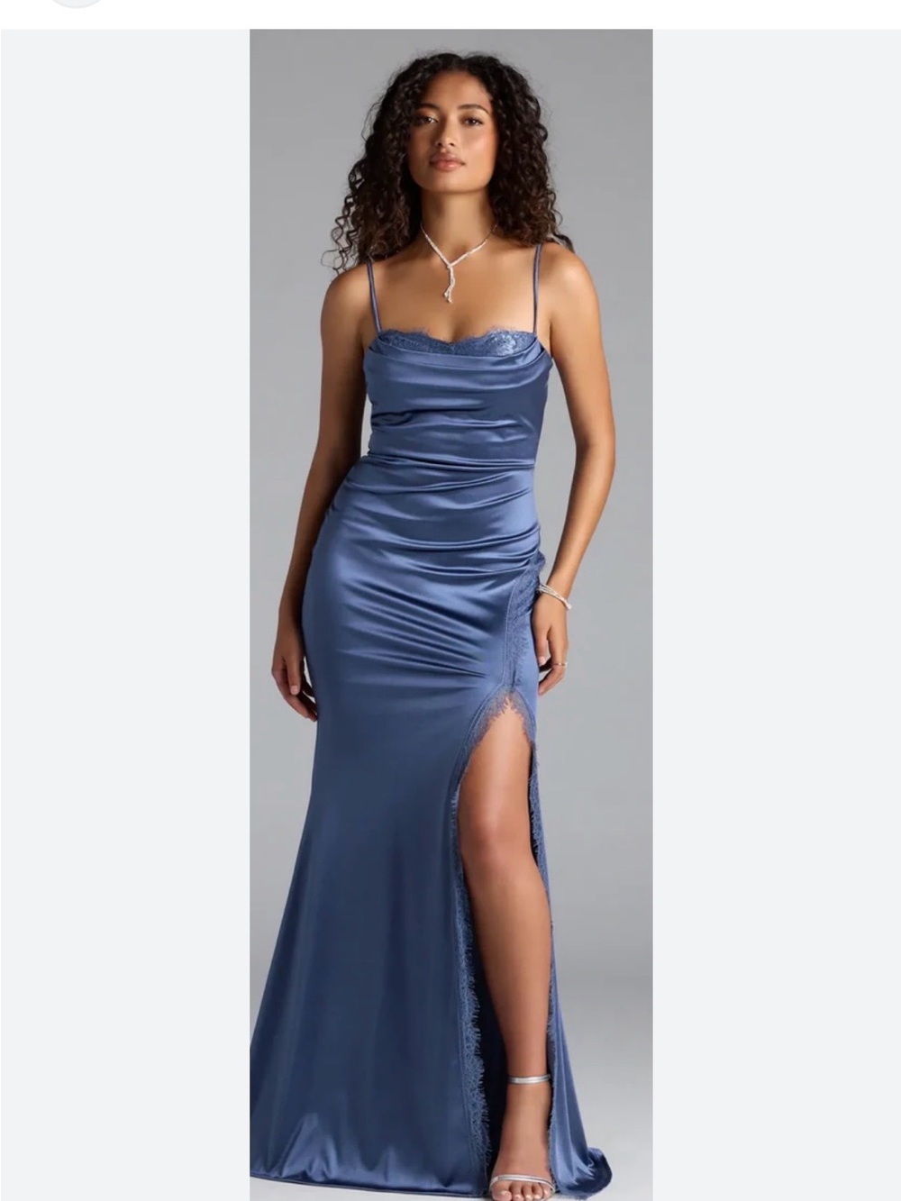 Windsor Steel Blue Satin Cowl Neck Slip Gown